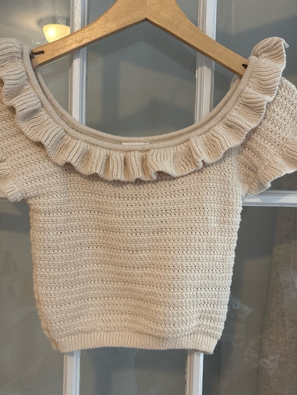 H&M Cream Off-the-Shoulder Ruffle Knit Sweater